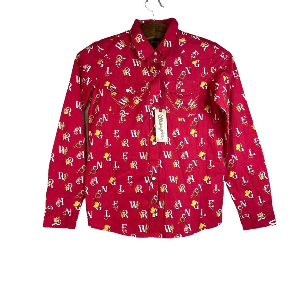 Wrangler Girls' Long Sleeve Western Snap Shirt Logo Collar Pockets Red NWT Sz L